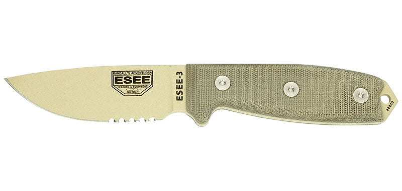 Couteau Bushcraft ESEE-3 Désert Lame Mixte